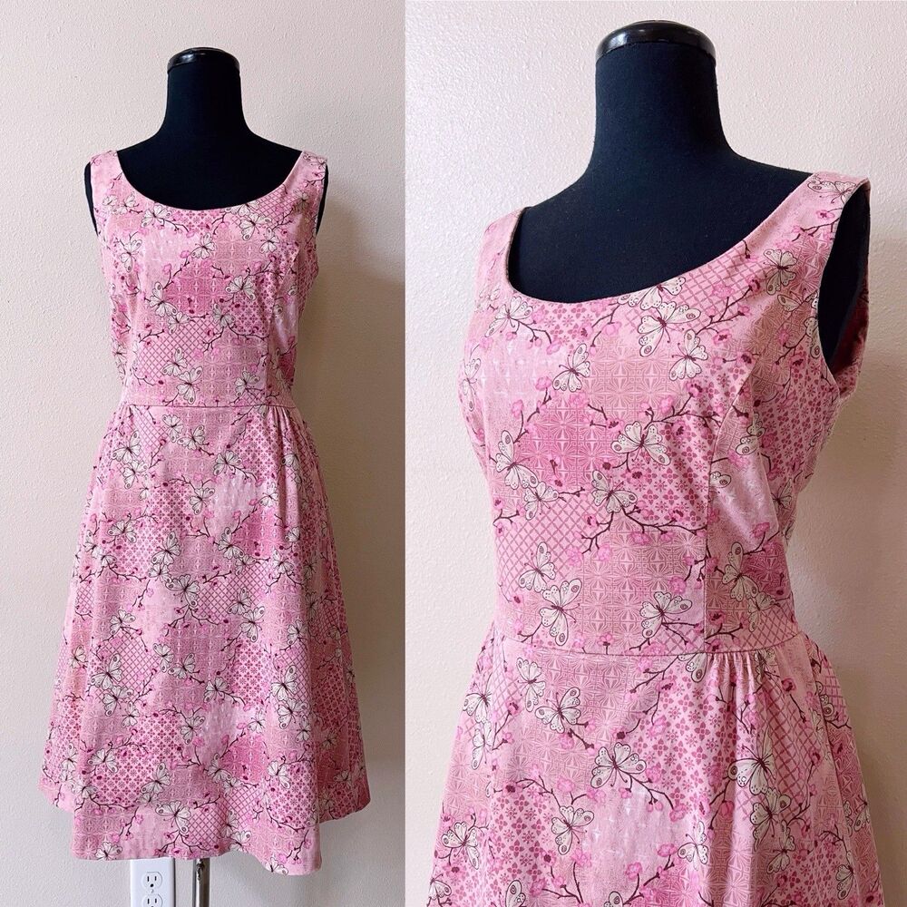 Vintage Cherry Blossom Butterfly Print Dress Medium Sleeveless Fairycore Y2K